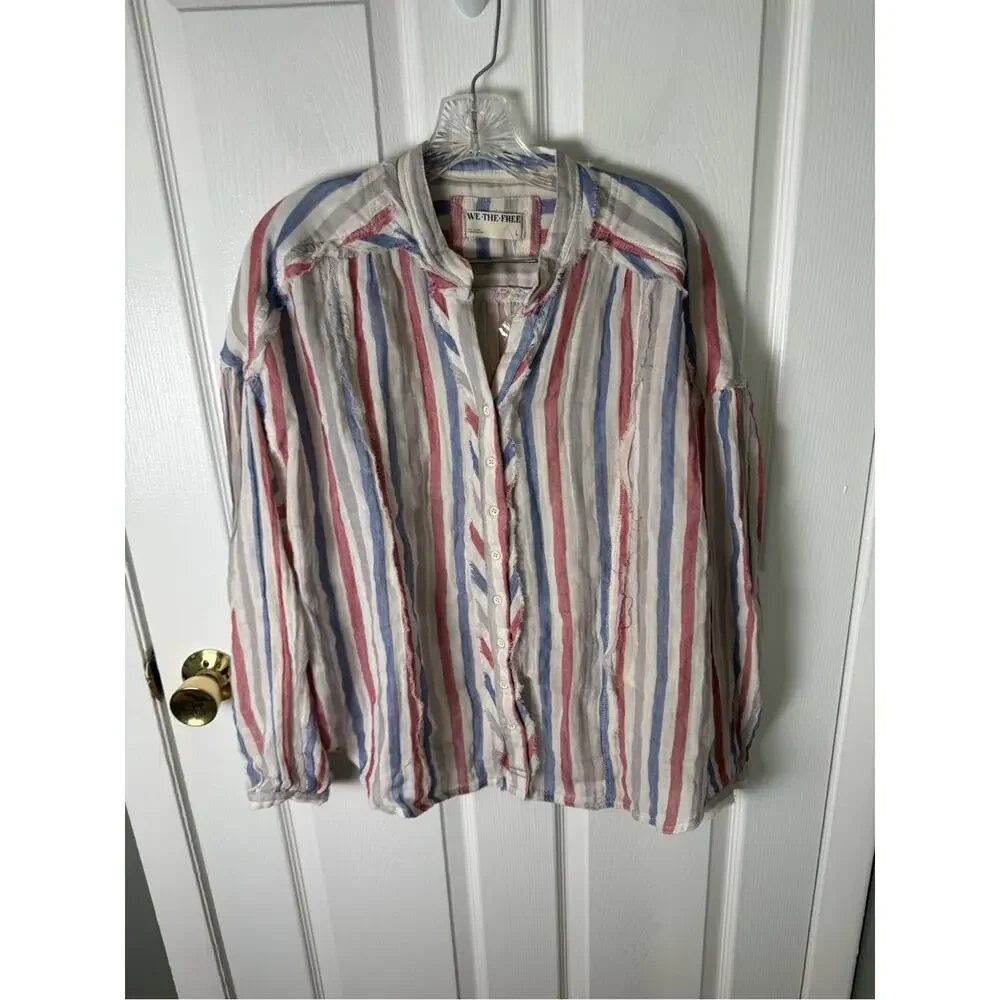Free People Valley Double Cloth Striped Shirt in Ivory Combo L